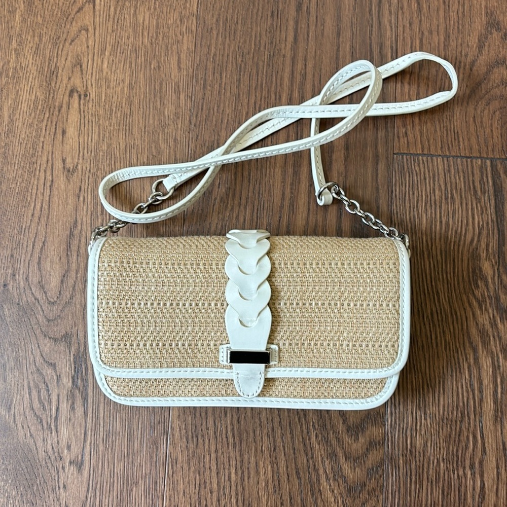 Cole Haan straw cross body with white leather details